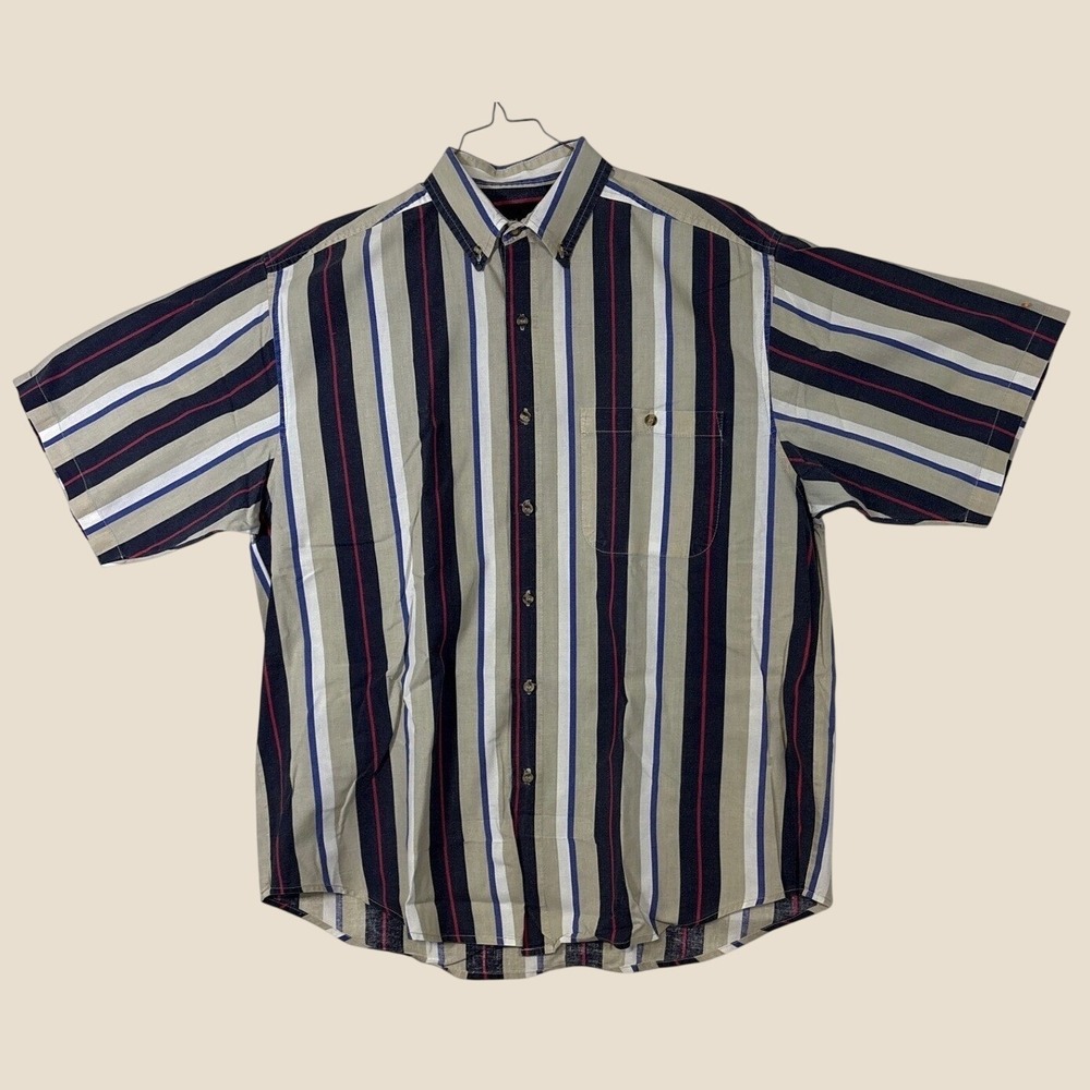 Timewear Mens Large Short Sleeve Button Down Shirt Striped Cotton Navy Tan Red